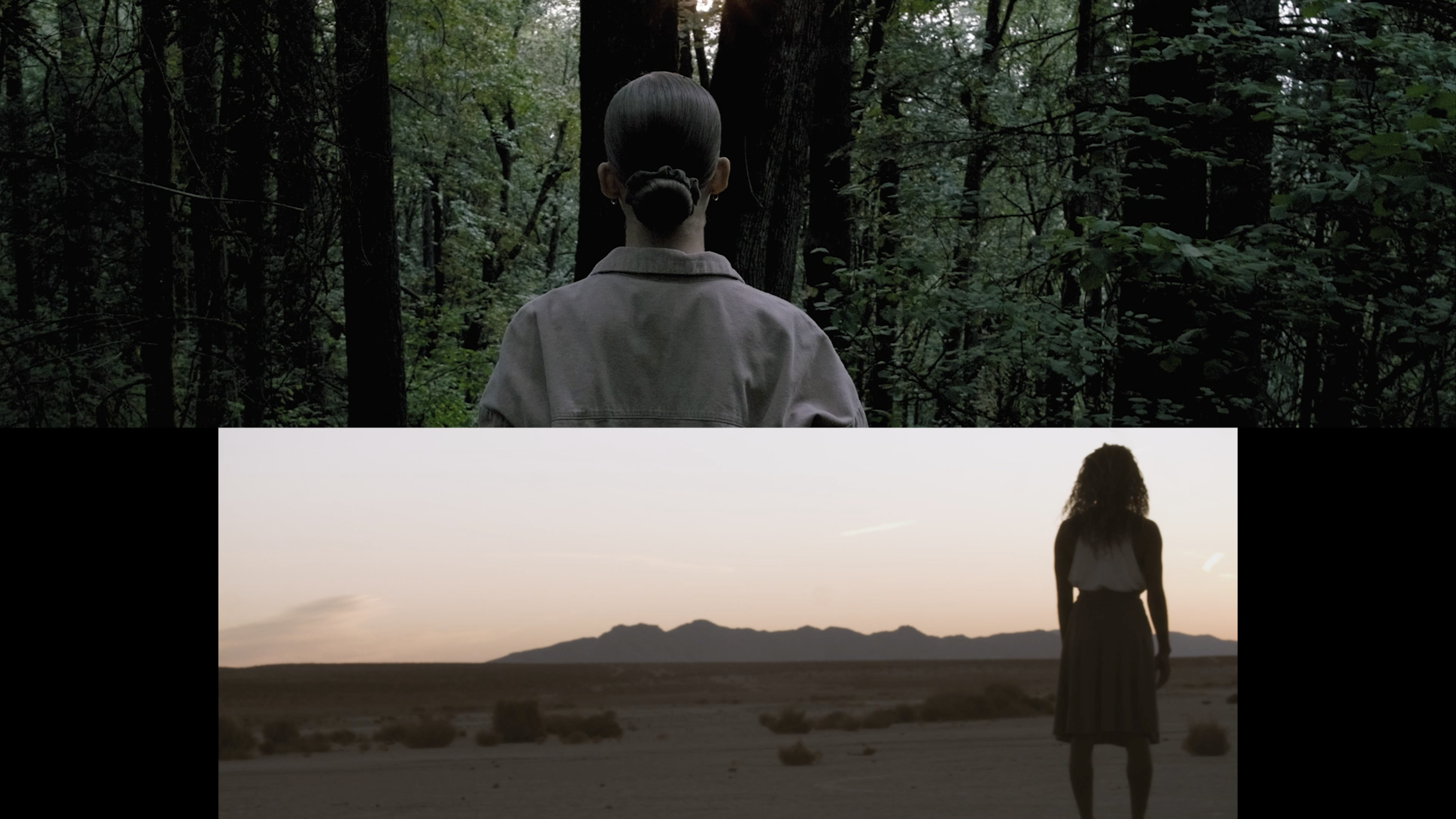 A color screenshot from a short film of two women looking into the distance